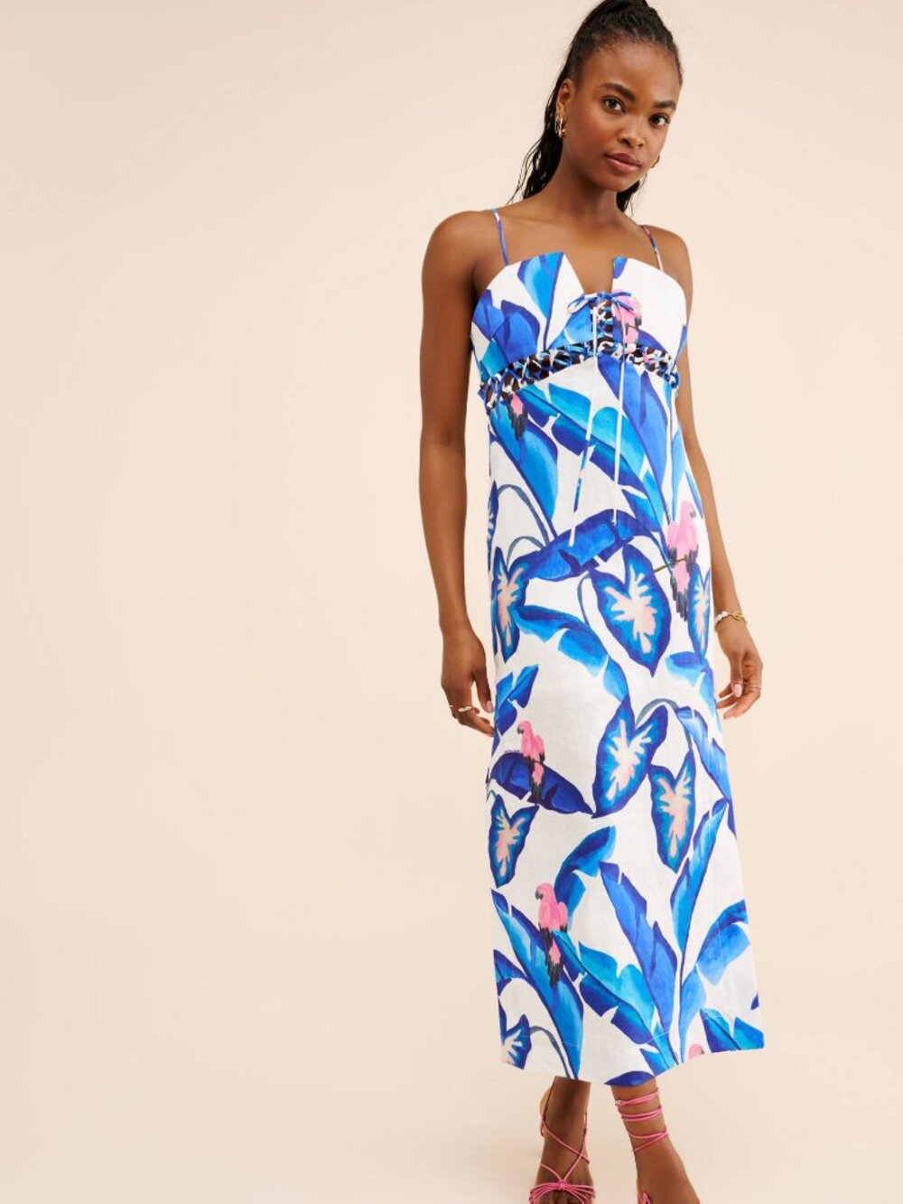 Farm Rio BLUE FOLIAGE LINEN LACE UP MAXI DRESS -